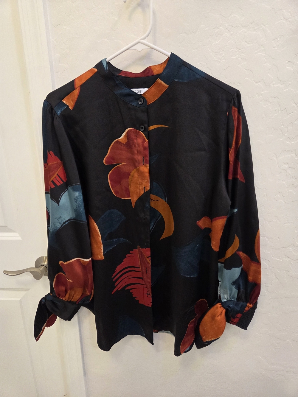 Chico's Black Satin Floral Button-Front Blouse with Rust and Teal Accents